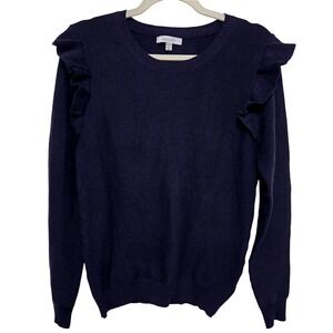 Lucy Paris Navy Blue Ribbed Knit Ruffle‎ Shoulder Sweater Size S